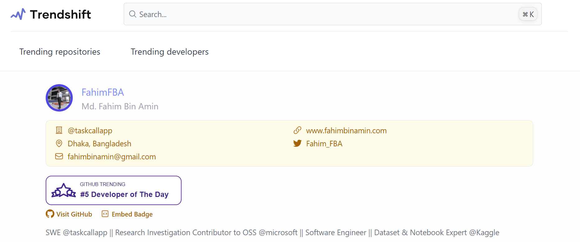 5th Developer of the Day · GitHub Trendshift