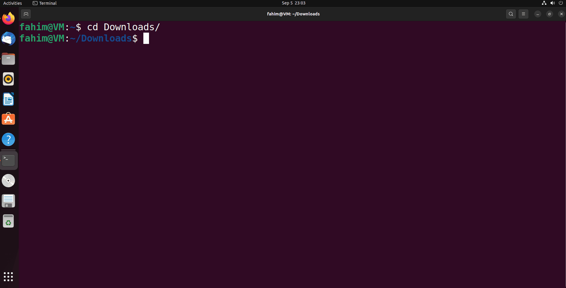 I am using the cd command to go into my Downloads directory as can be seen in the image below: