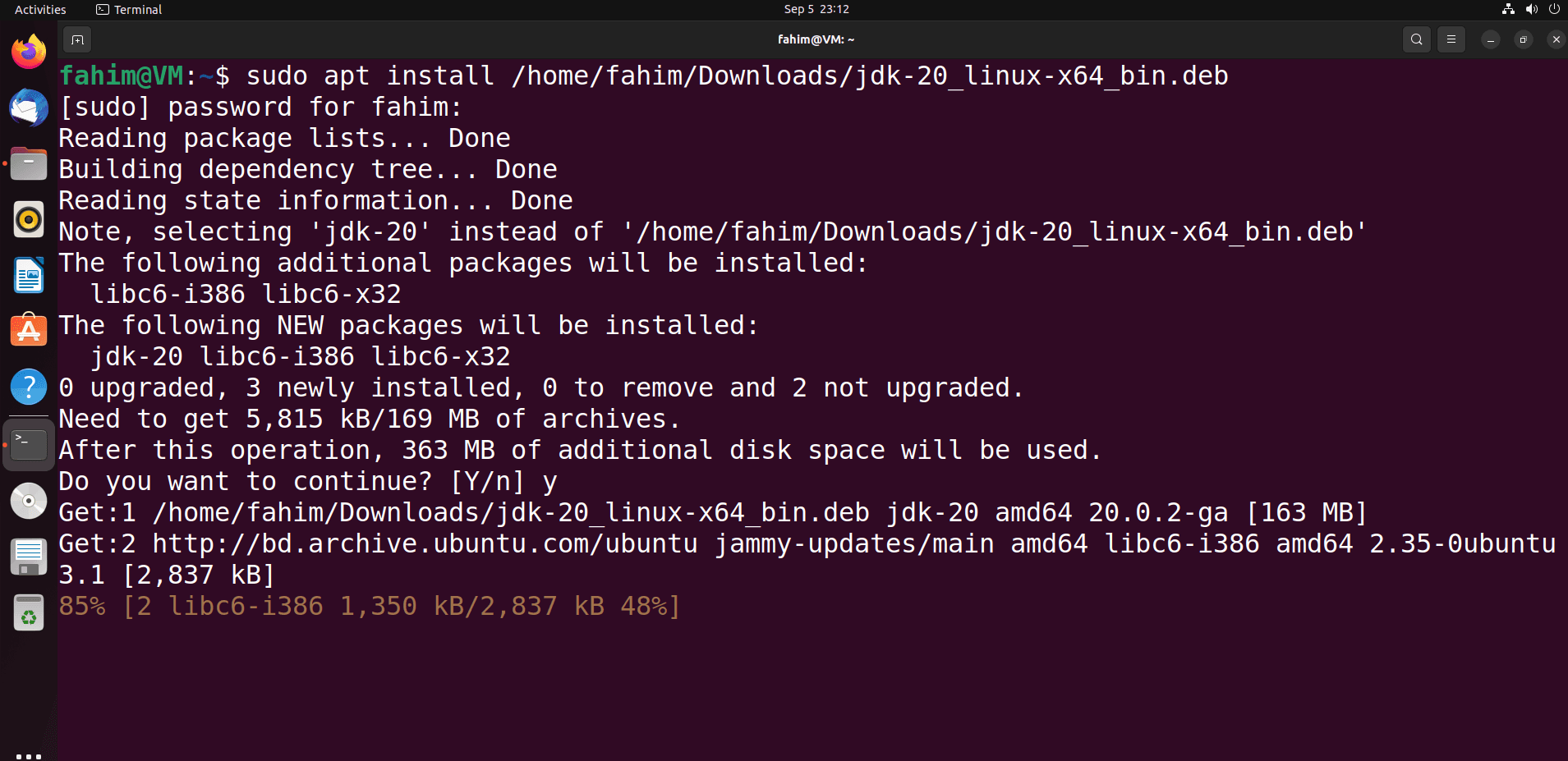Input your password and type "y" when it asks for your permission to install the package.