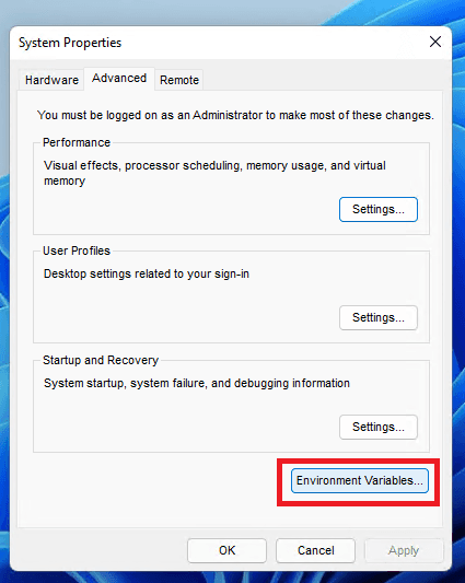 Click Environment Variables.