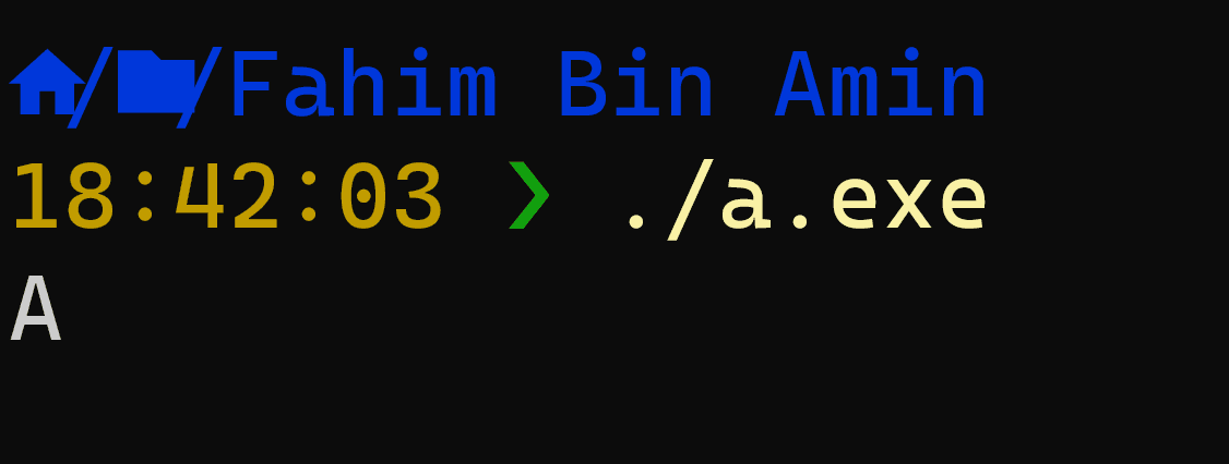 For now, I am taking the character 'A', then I am printing the character itself in line 5.