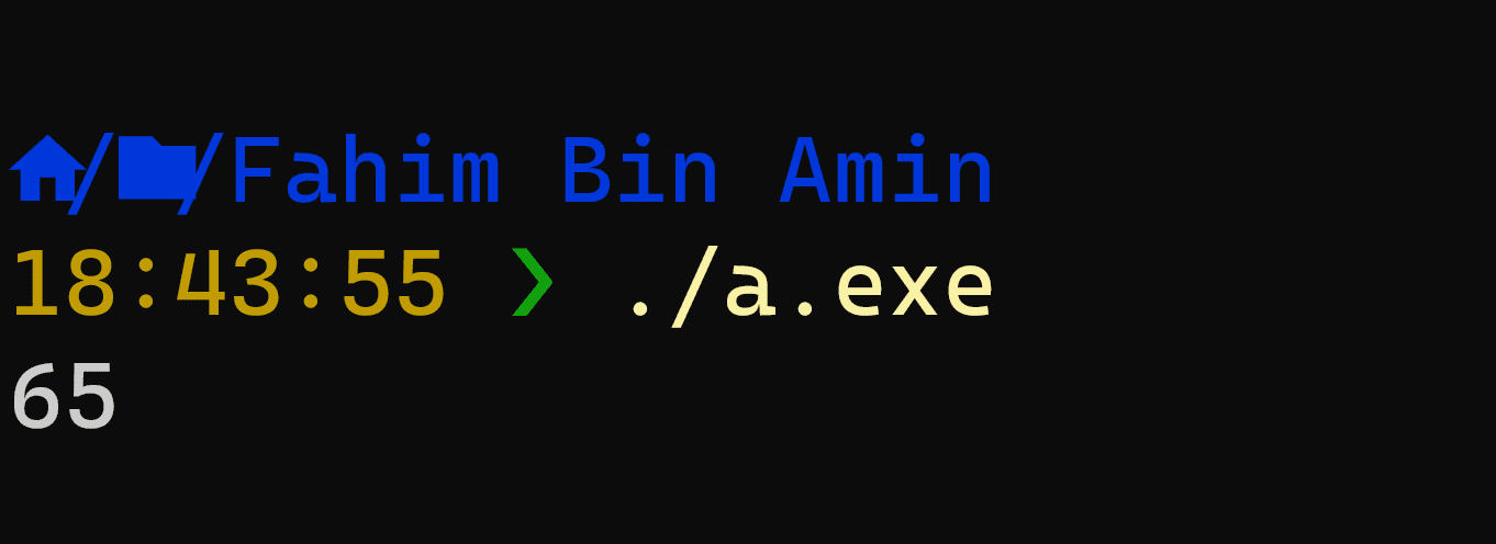 In the output, we will get the ASCII value of the character 'A'.
