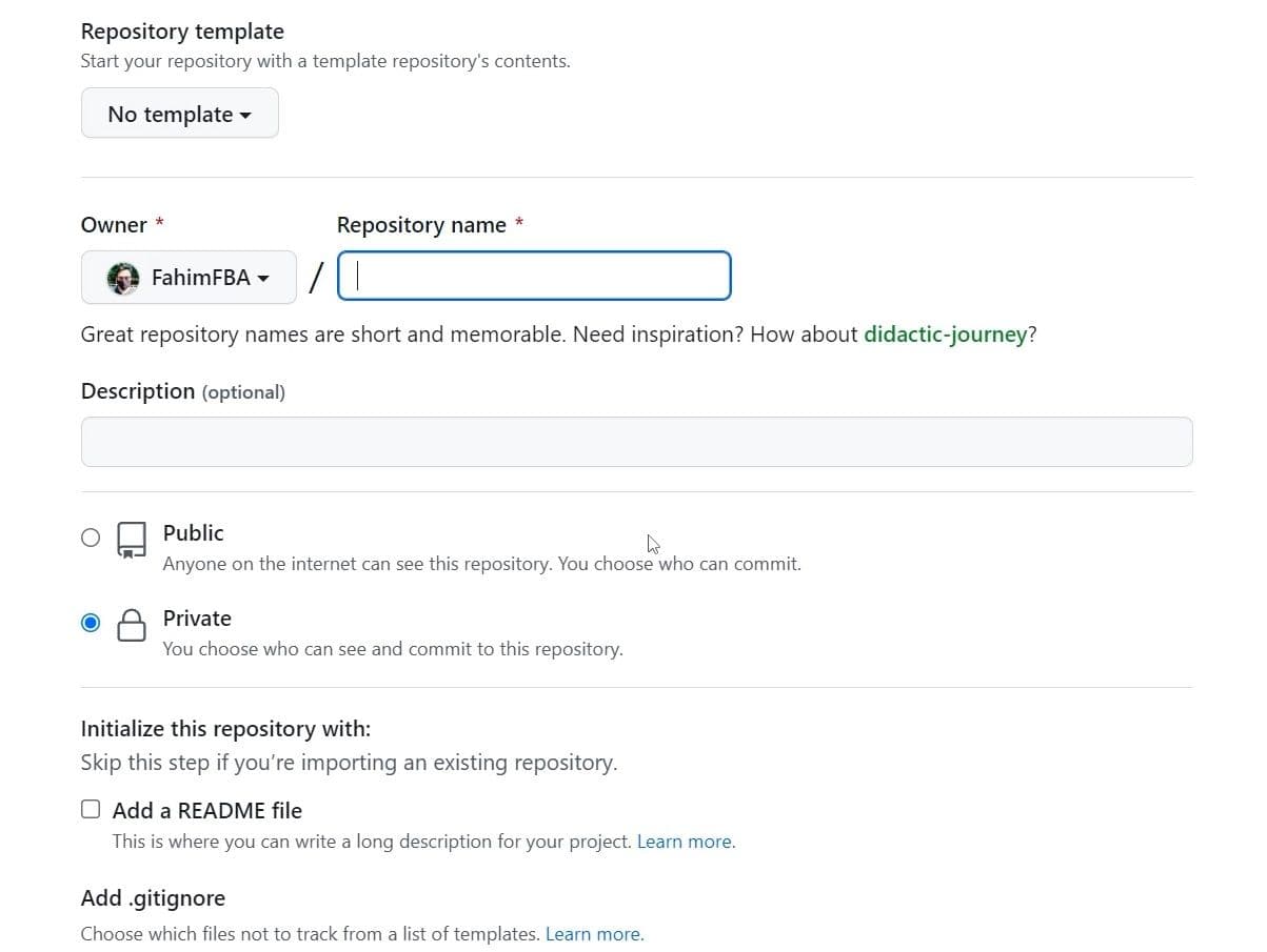 I am making it a Private repository, but you do not have to do that if you don't want to.