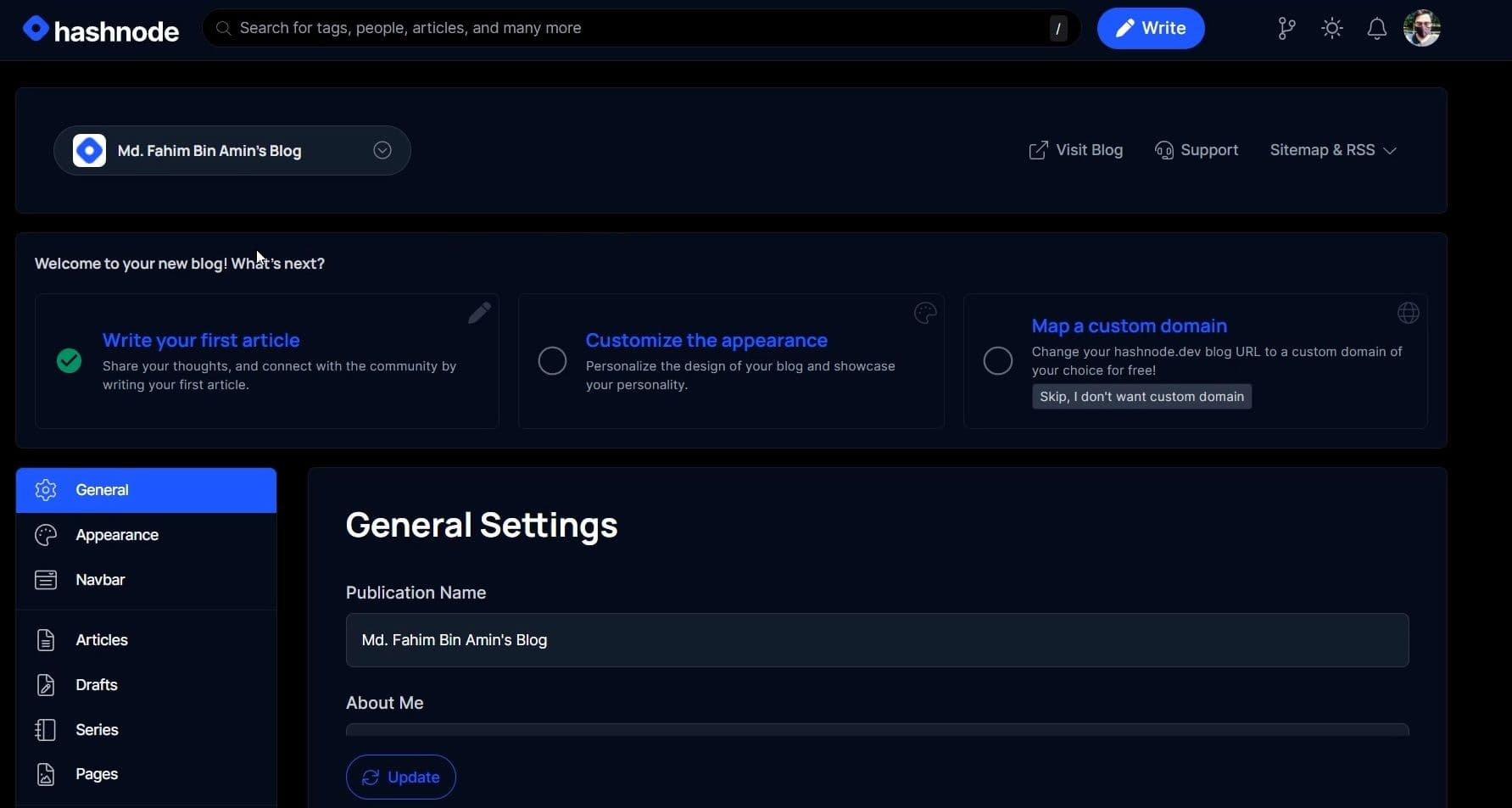 The blog dashboard will appear before you.