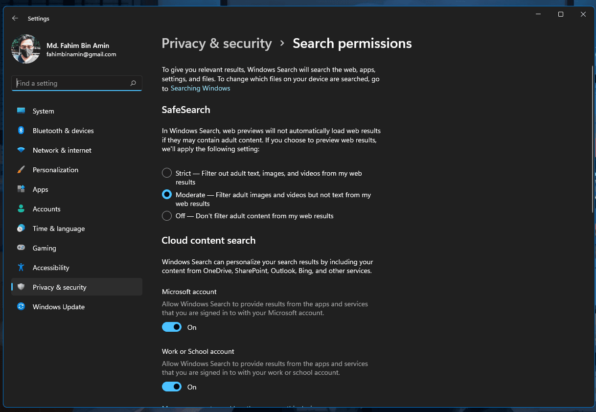 The search permissions tab will appear.