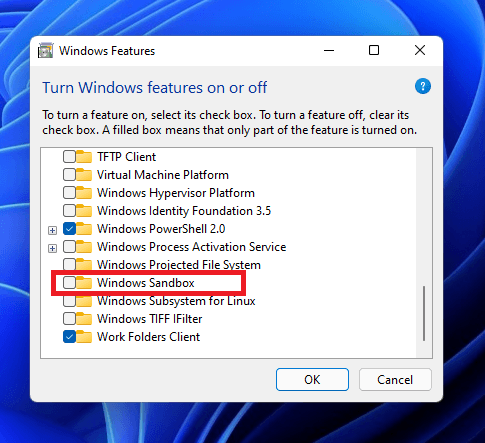 Scroll down until you find Windows Sandbox: