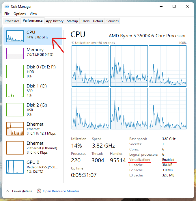 Then click CPU and check the virtualization status like below.
