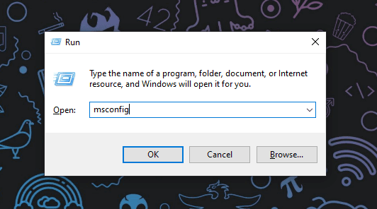 Then type msconfig and press the Enter key, or simply click OK.