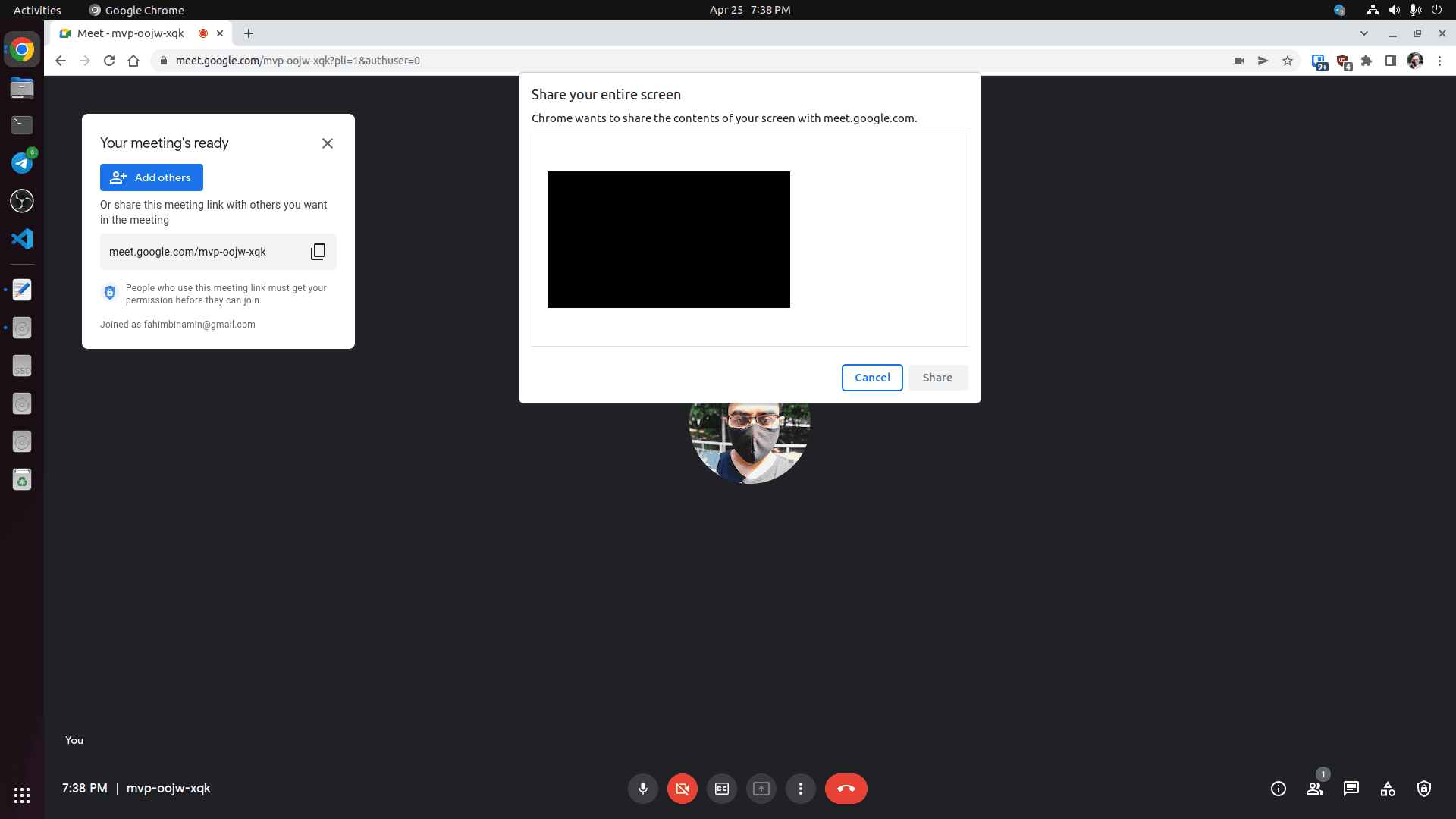 If you're having the black screen issue in Google Meet in a Chromium browser (Chrome, Brave, Vivaldi, etc), it probably looks like this: