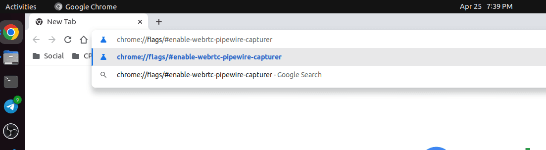 Go to chrome://flags/#enable-webrtc-pipewire-capturer using the address bar of your browser.