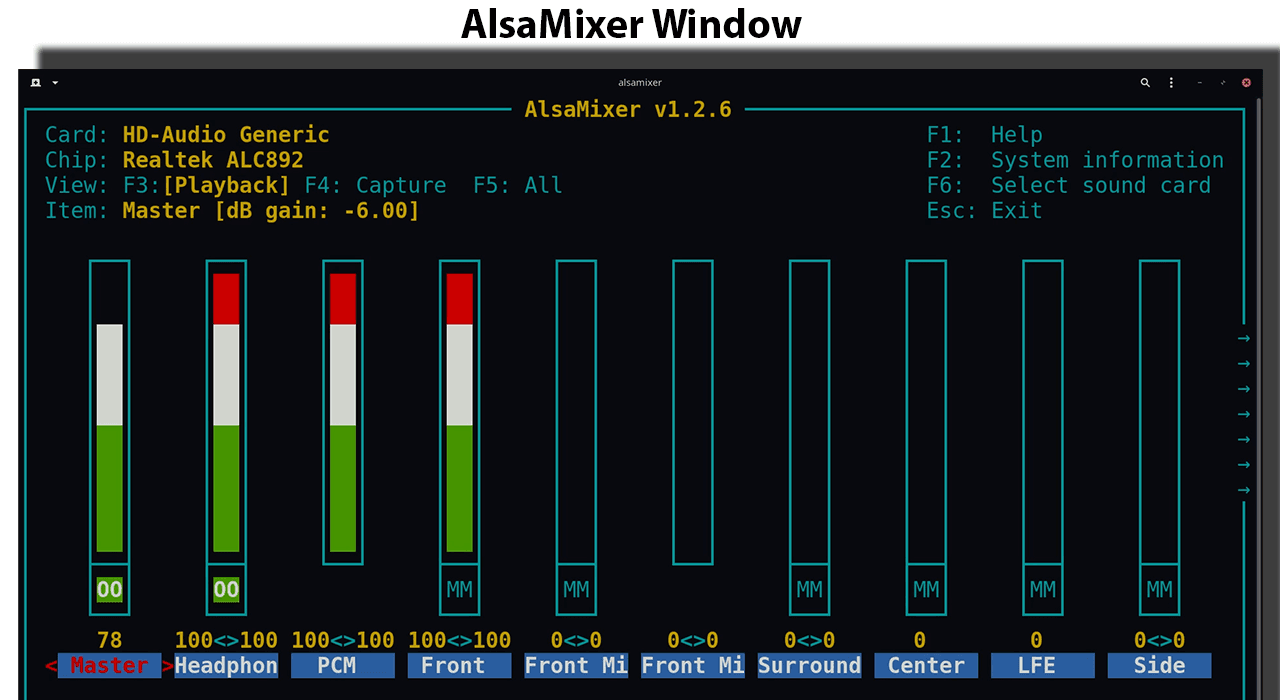 The AlsaMixer window will change depending on your selected sound card.