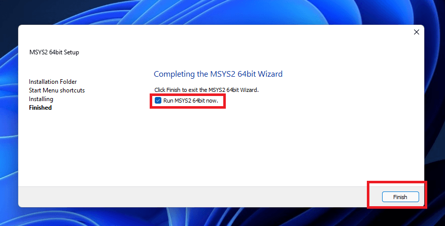 If you keep the checkmark, then the MSYS2 terminal will open once you click Finish.