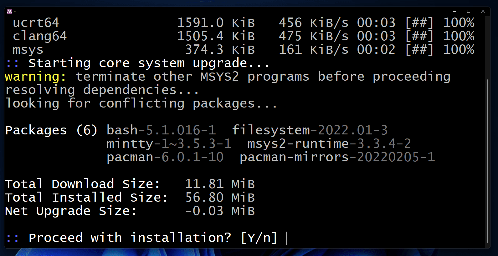 Type Y and press the enter key if you get this type of installation prompt.