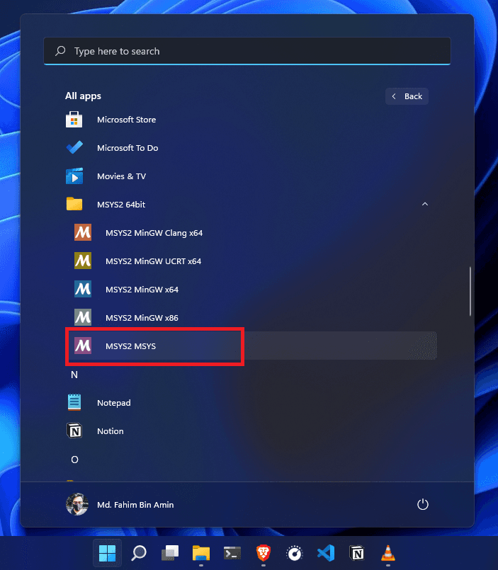 In that case, you have to click the start button > Search for MSYS2 and click on the terminal like in the following picture: