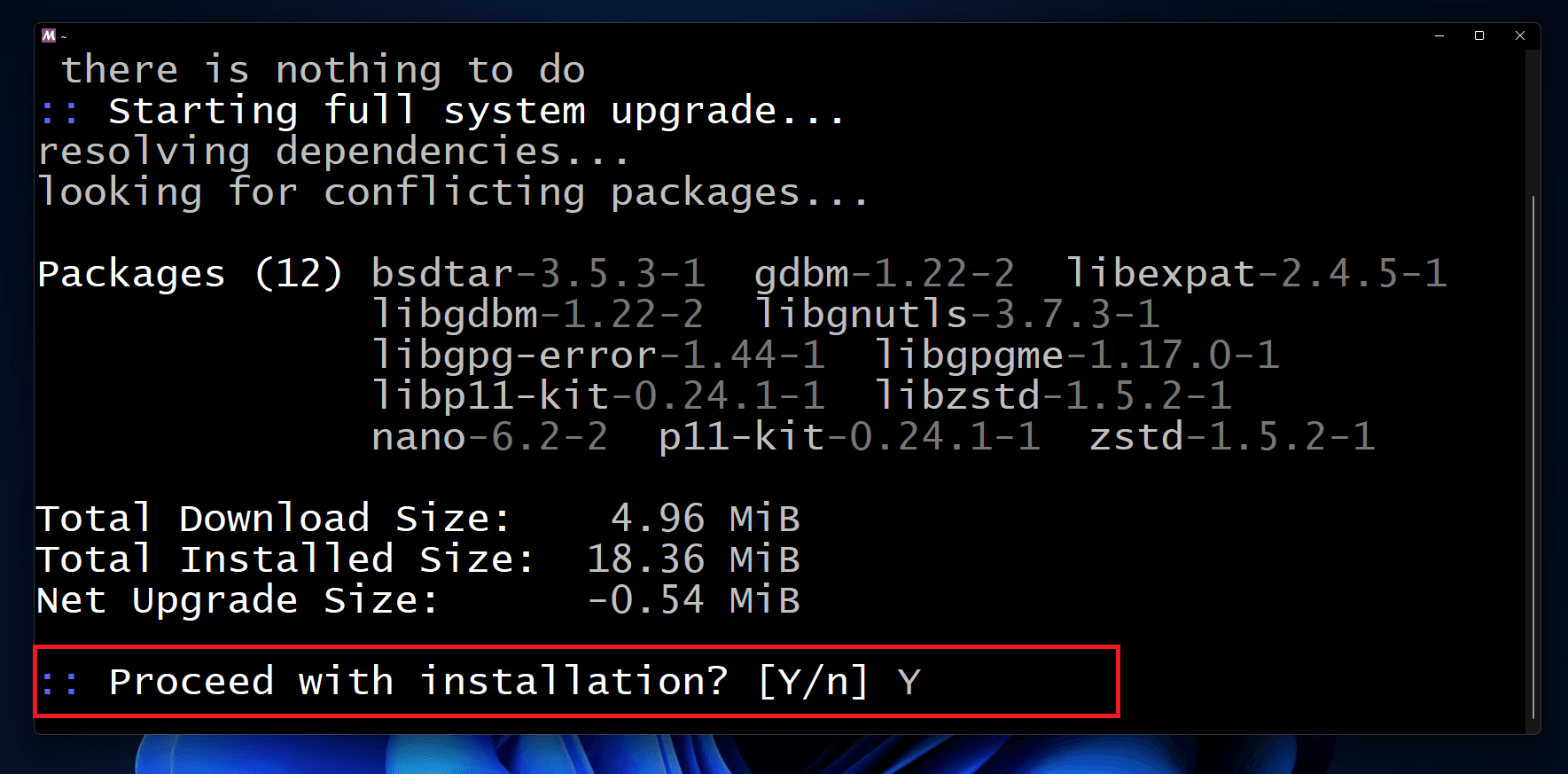 If you get any installation prompt, then you need to type Y or y and press the enter key.