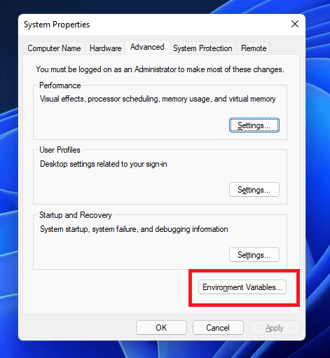 Click Environment Variables from the Advanced tab.