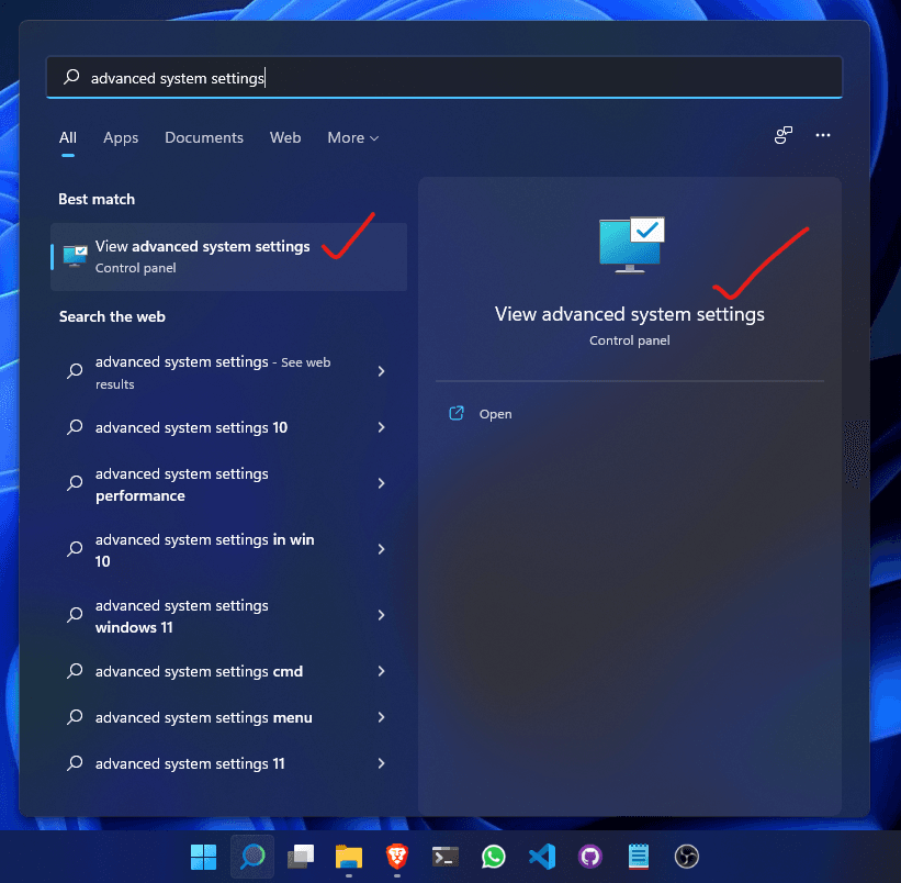 Alternatively, you can hop into the Advanced System Settings by simply searching that from your taskbar.