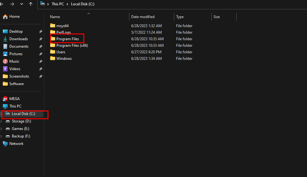 Therefore, I am going to the "C" drive and opening the "Program Files" directory.