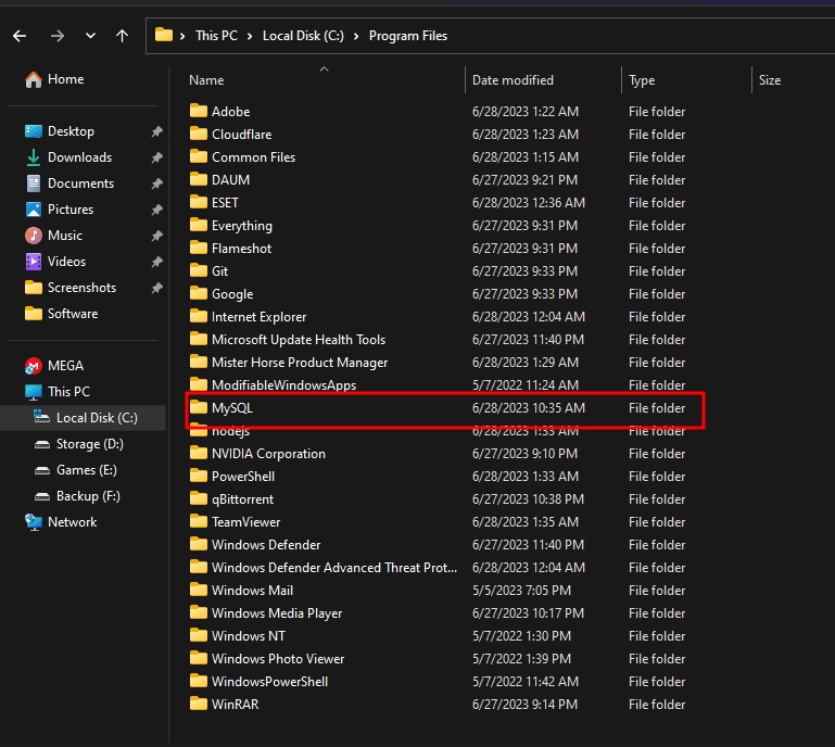 Go to the "MySQL" folder.