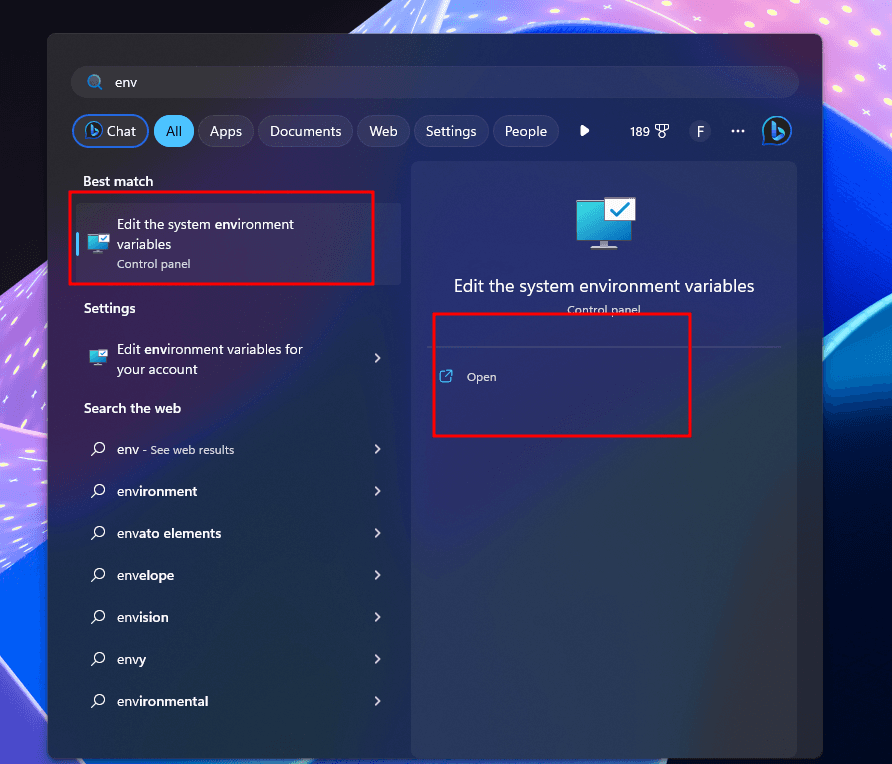 Simply click on the Windows button and type "env".