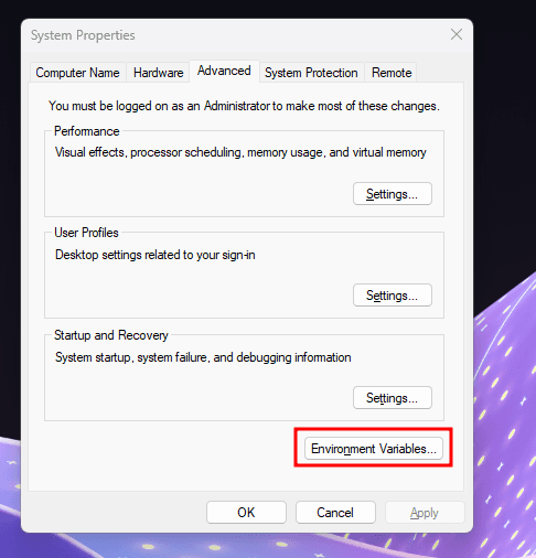 Click "Environment Variables".