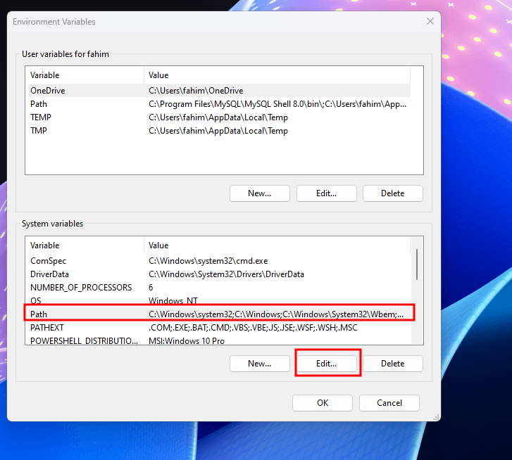 Select the "Path" and click "Edit".