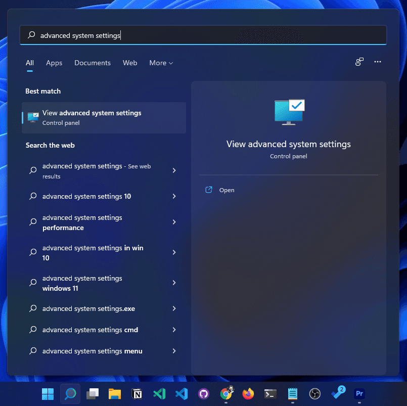 You can either search for Advanced System Settings, or you can open that from the Control Panel as well.
