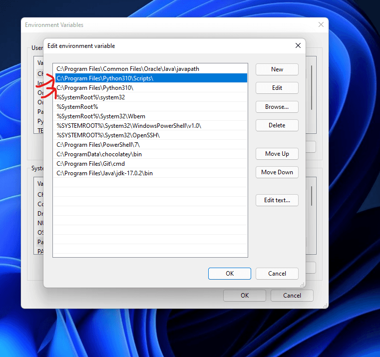 You will see that the root directory of Python310 and the scripts directory of Python310 have already been added in the installation process, as we checked the box to do these during the installation.