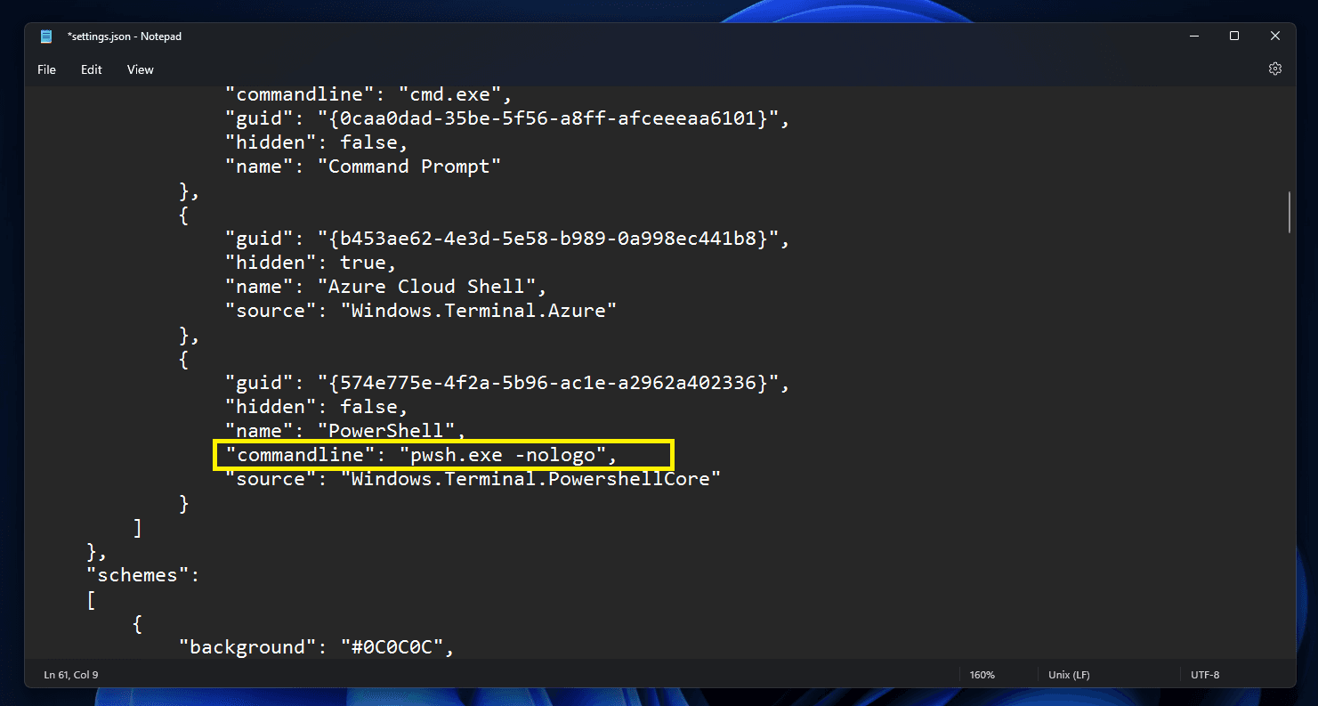 Add "commandline": "pwsh.exe -nologo", like below.