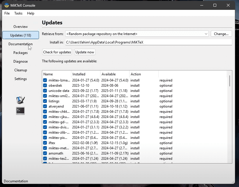 MiKTeX updates tab