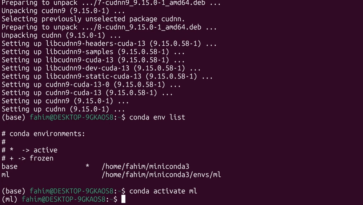 Preview of activating 'ml' conda environment in WSL Ubuntu terminal