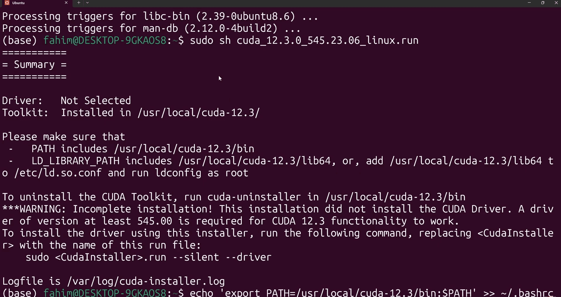 Preview of CUDA installation path in WSL Ubuntu terminal