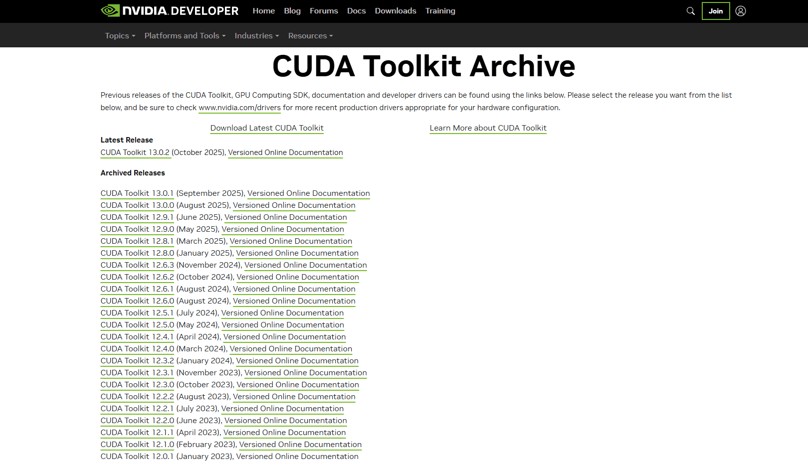 Preview of Nvidia CUDA Toolkit official website