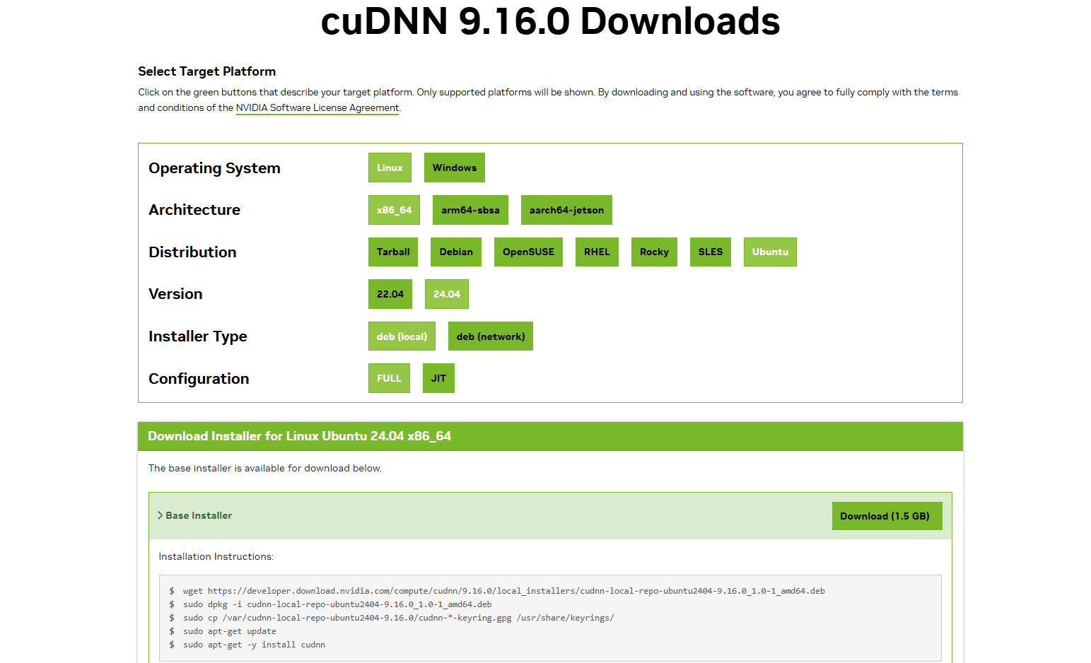 Preview of cuDNN download commands for Ubuntu 24.04