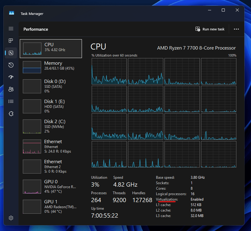 Preview of Virtualization enabled status in Windows Task Manager