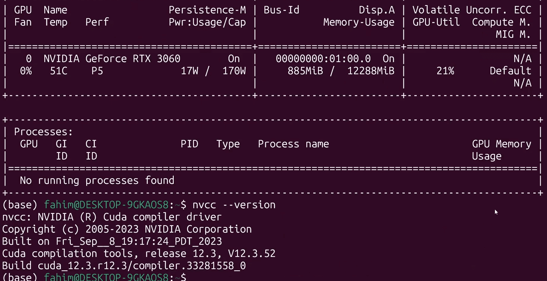 Preview of nvcc version check in WSL Ubuntu terminal