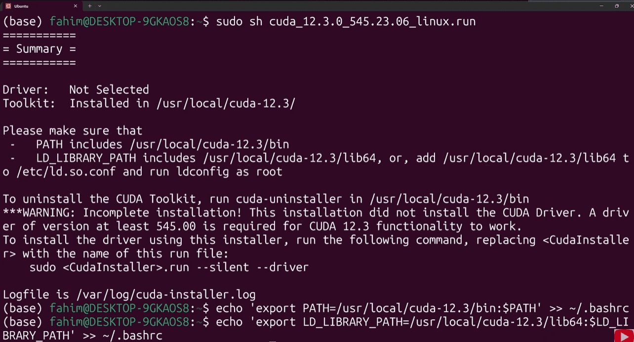Preview of CUDA library path in WSL Ubuntu terminal