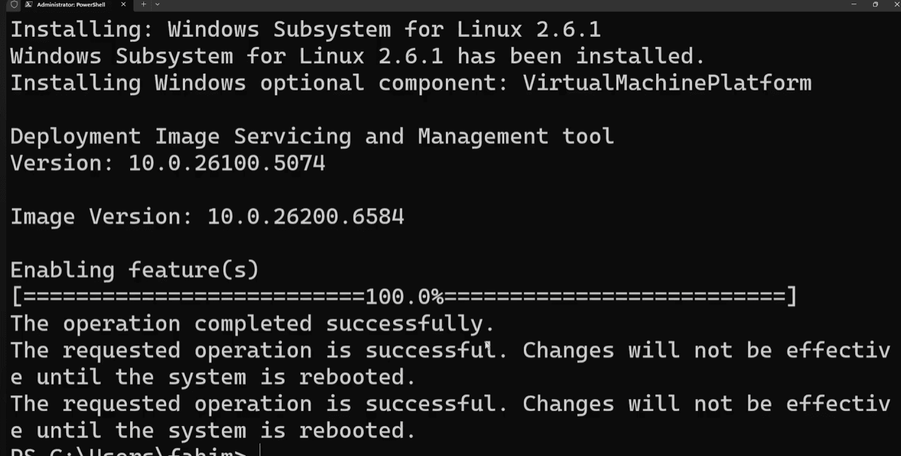 Preview of WSL installation in Windows PowerShell