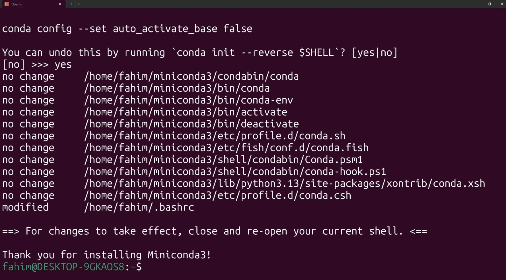 Preview of successful Miniconda installation in WSL Ubuntu terminal