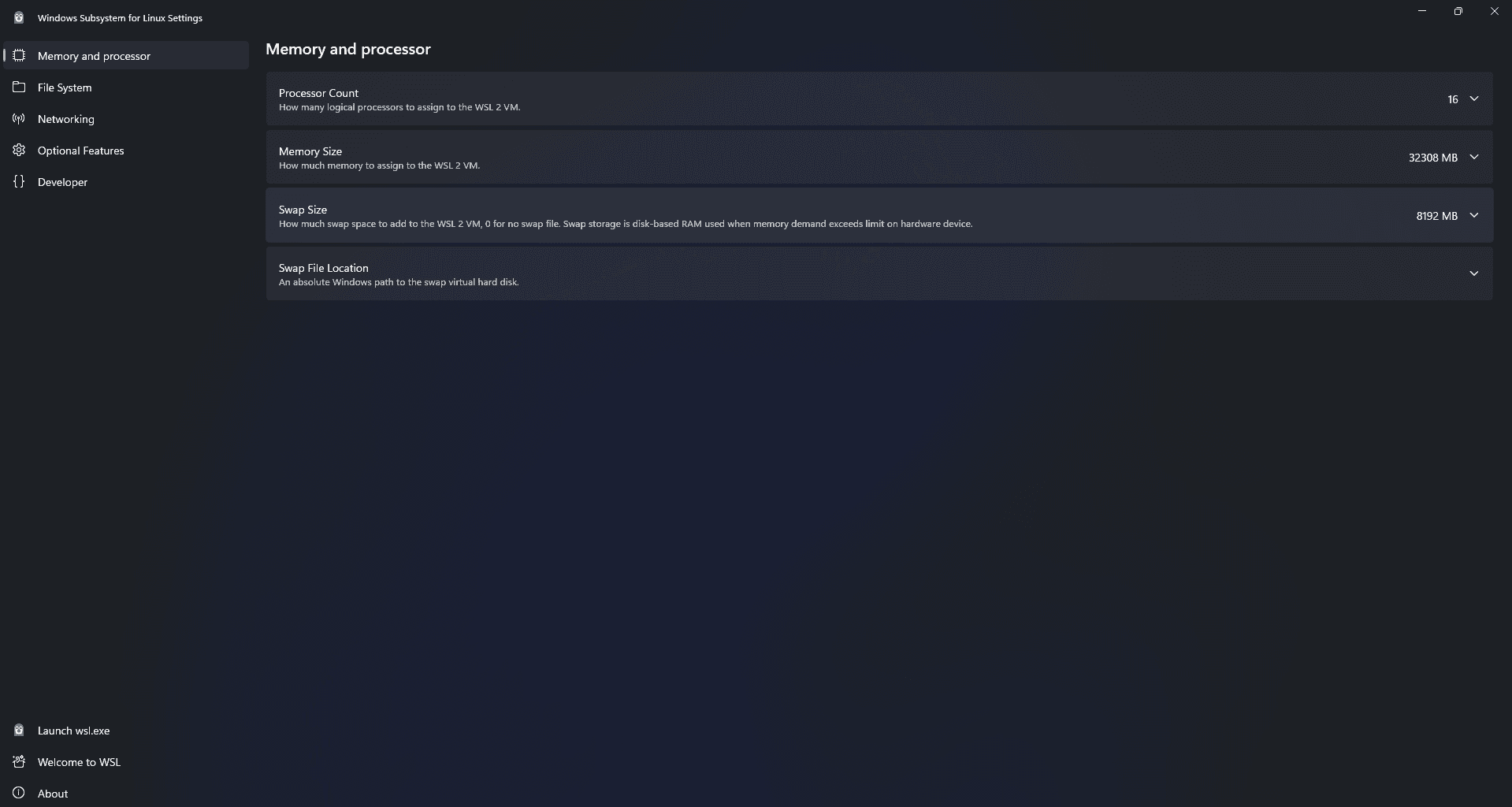 Preview of WSL GUI settings window (Memory & Processor)