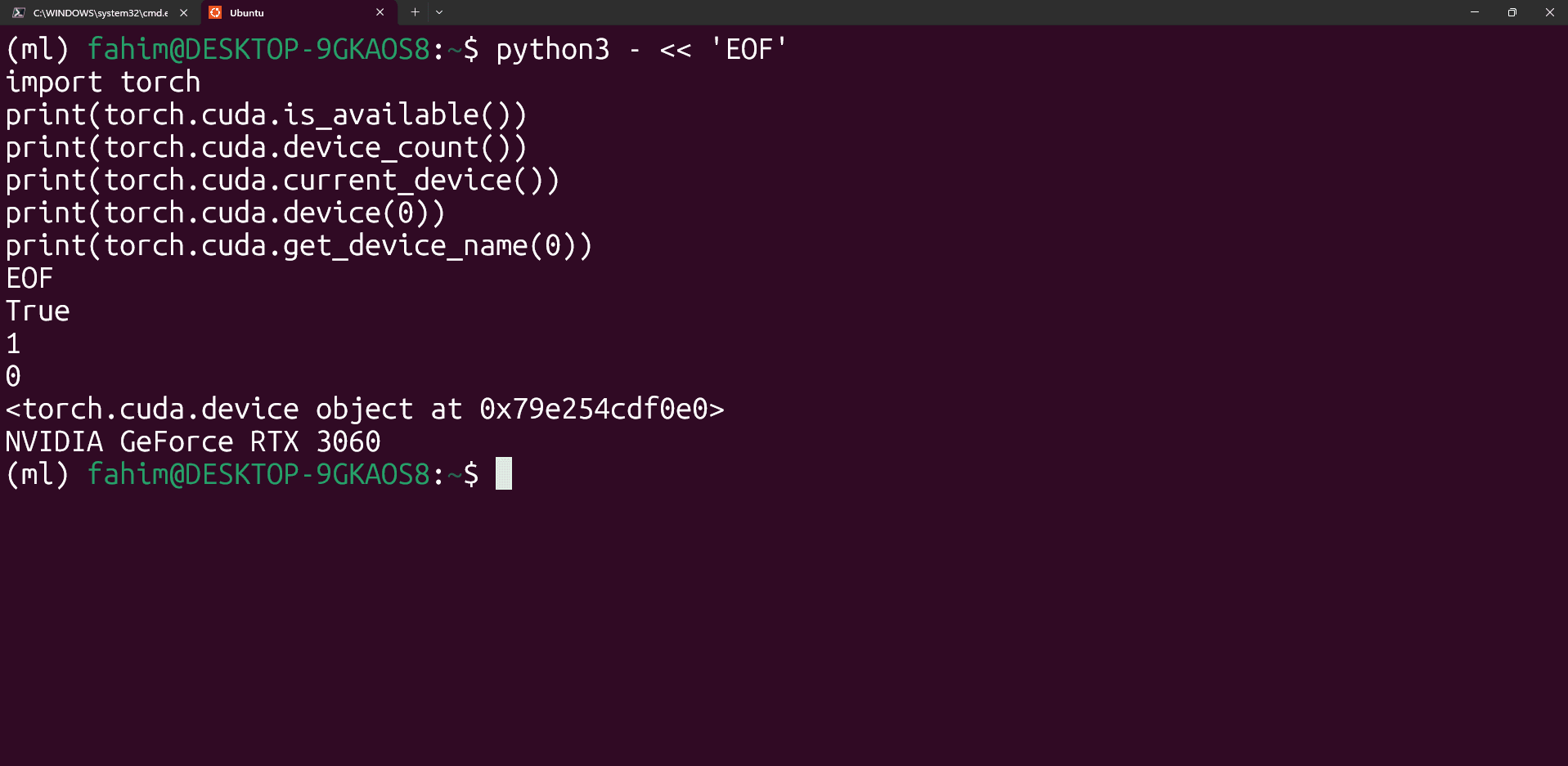 Preview of PyTorch GPU check in WSL Ubuntu terminal