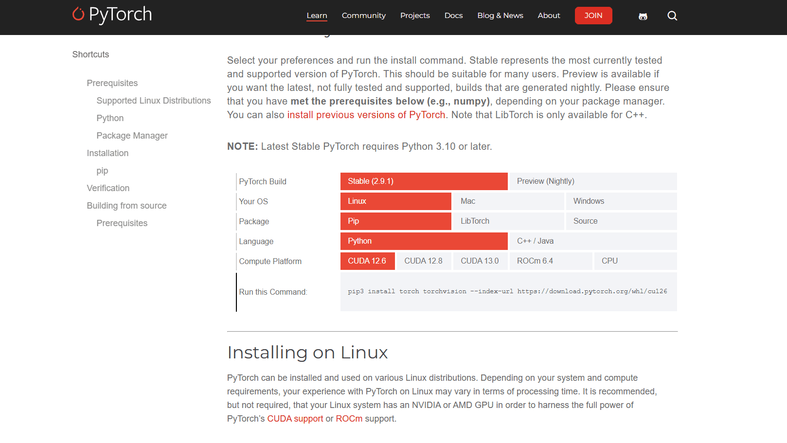 Preview of PyTorch installation command generator