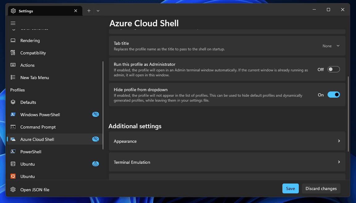 Preview of hiding profiles in Windows Terminal