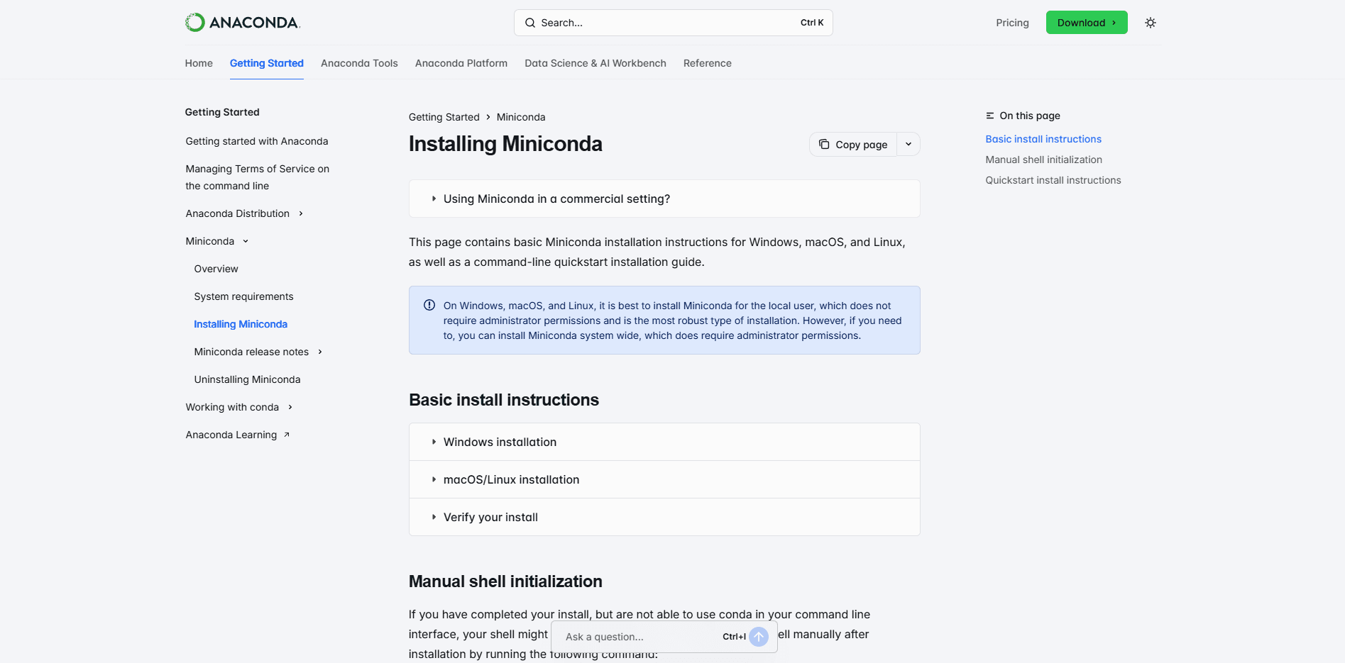 Preview of Miniconda official website