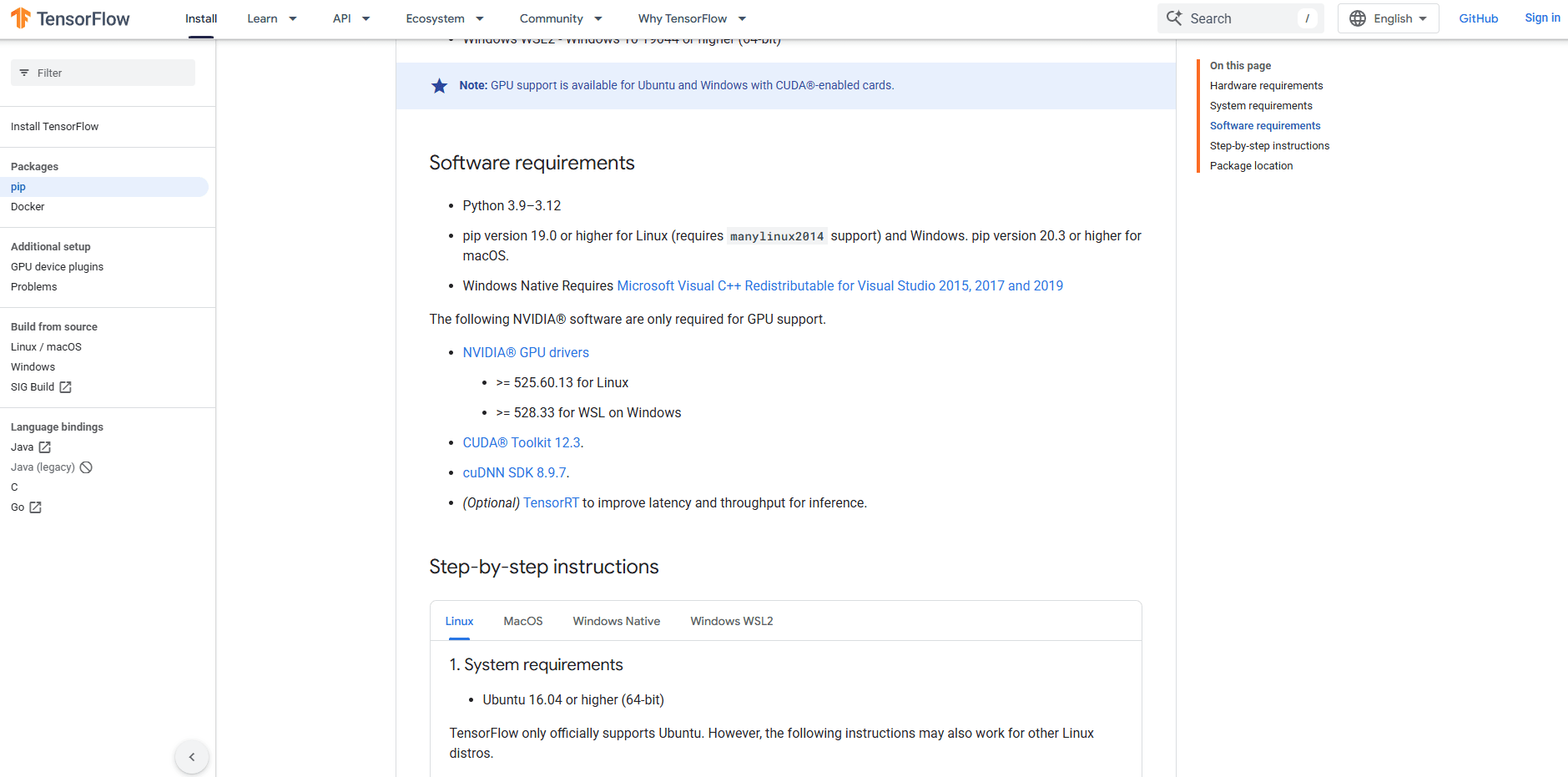 Preview of TensorFlow GPU support in official docs
