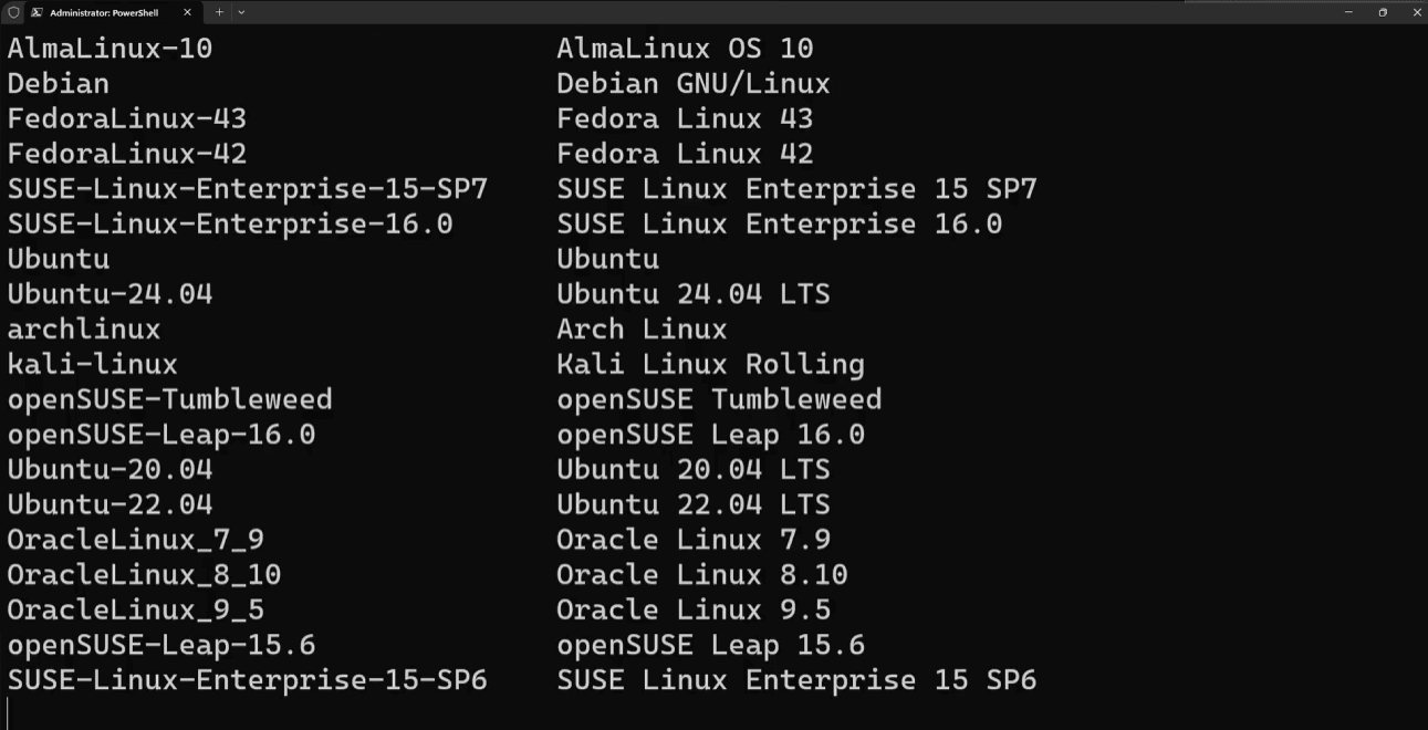 Preview of available WSL distributions in Windows PowerShell