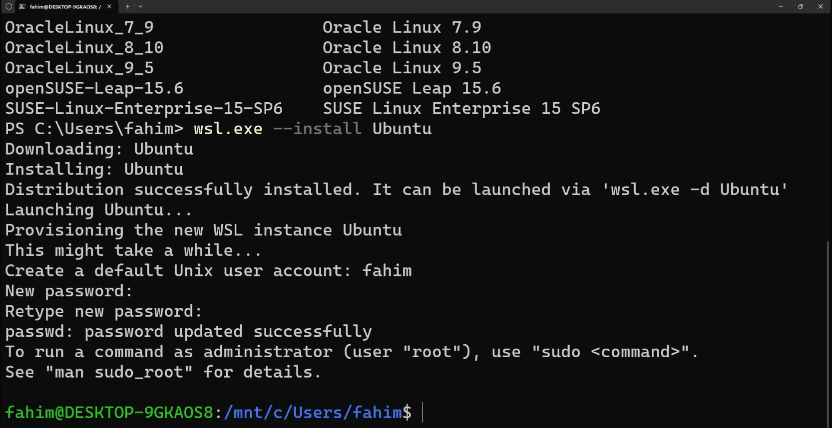 Preview of Ubuntu installation in Windows PowerShell