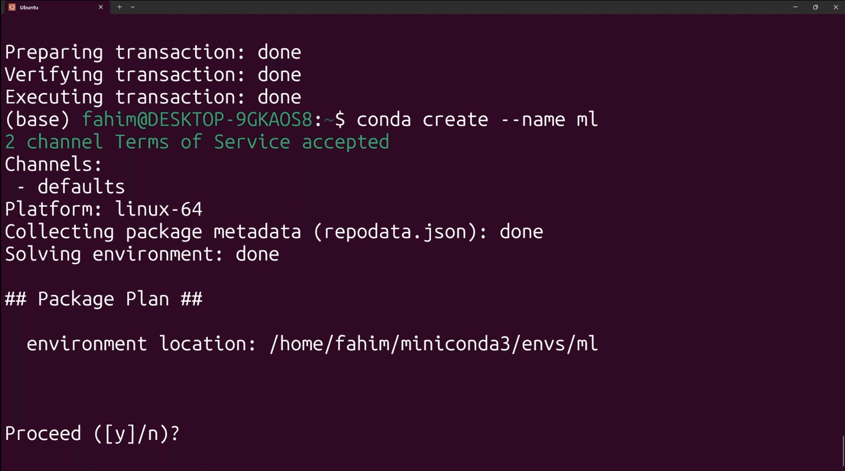 Preview of creating a new conda environment named 'ml' in WSL Ubuntu terminal