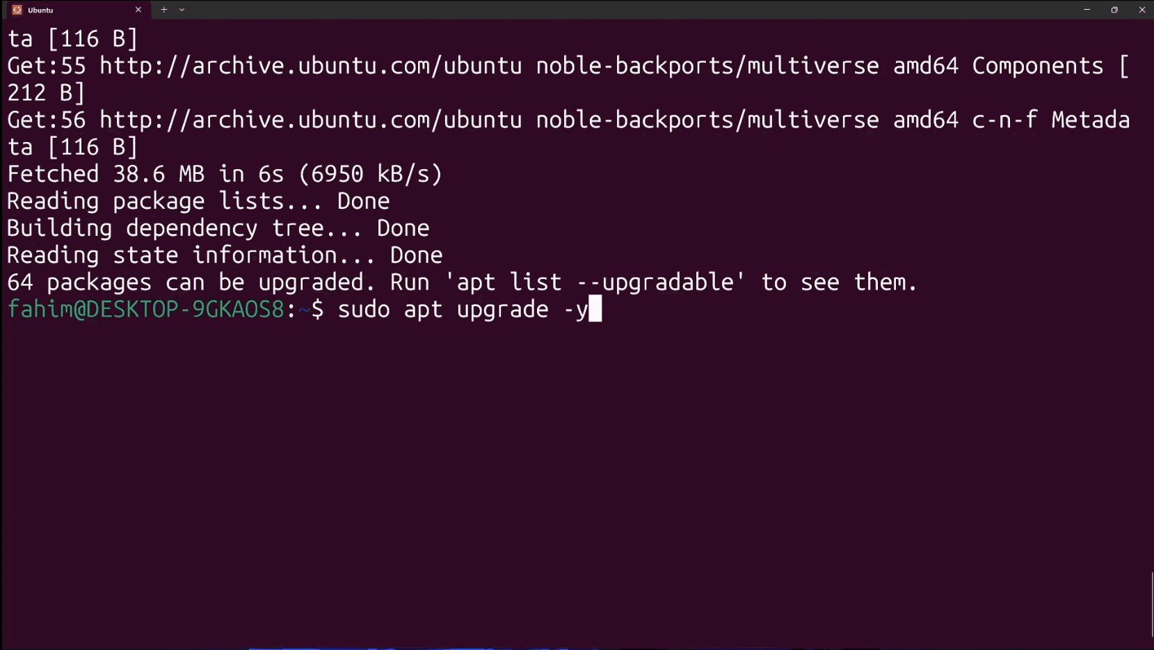 Preview of apt upgrade command in Ubuntu terminal