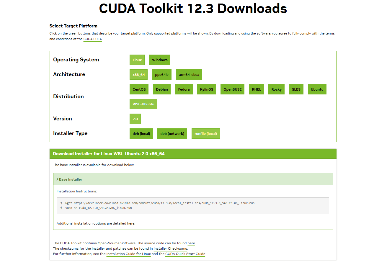 Preview of CUDA Toolkit 12.3 download page for WSL-Ubuntu